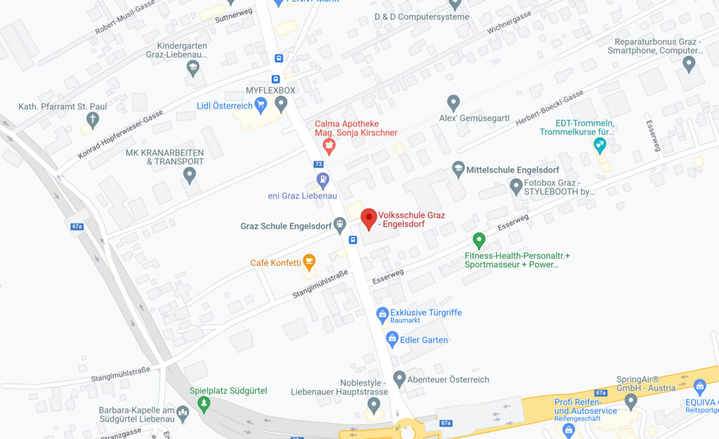 Ausschnitt einer Strassenkarte rund um die Schule VS Engesldorf Graz