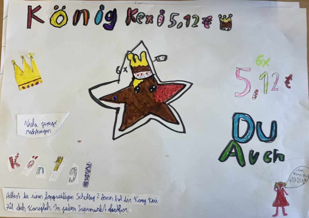 Kunstwerk eines Kindes. Ein brauner Stern namens Kexi mit einer goldenen Krone. 